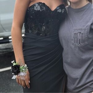 Strapless Black Evening Dress with Embellished Bodice